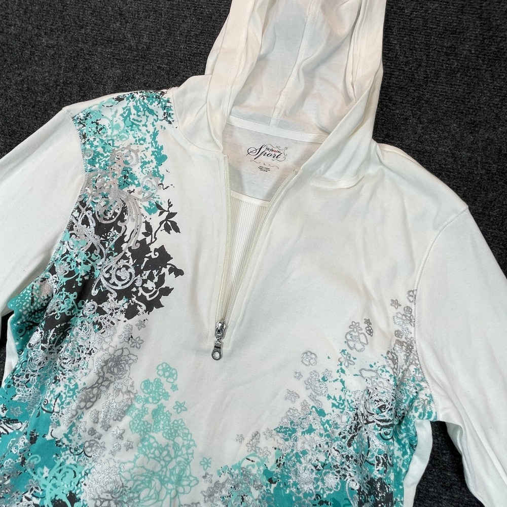 Style & Co Sport Hoodie L Teal Metallic Y2K Athleisure Layered Artsy Paisley NWT